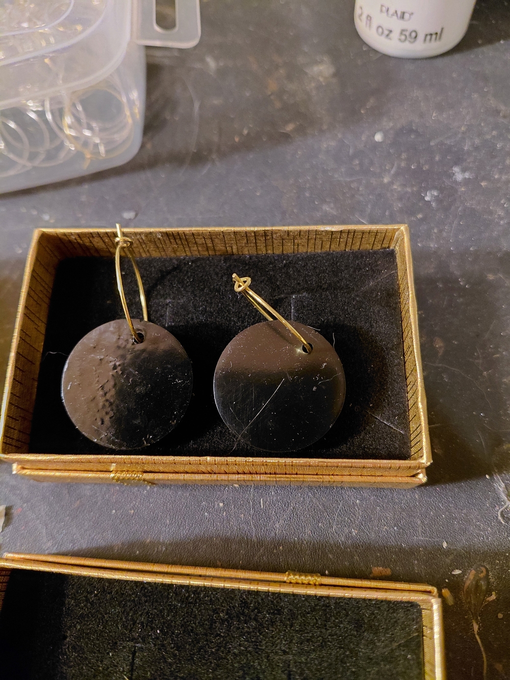 Gold Hoop Earrings with Black Disc Charms
